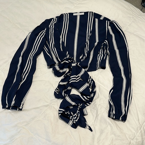 Flynn Skye cropped long sleeve blue and white blouse with dramatic tie front - Picture 2 of 9
